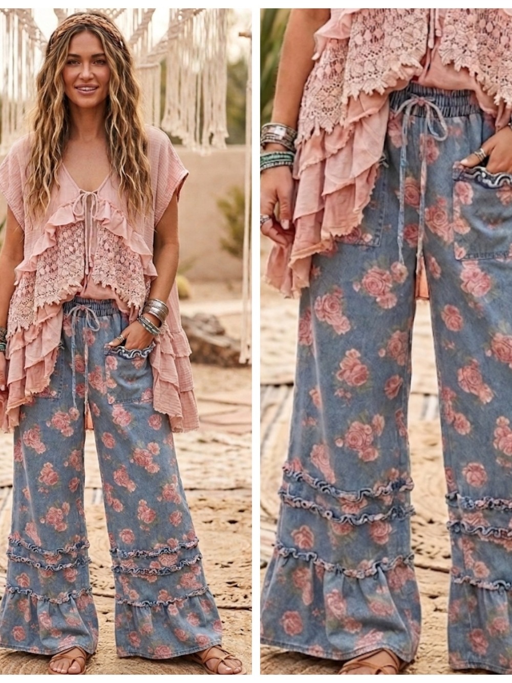 BiBi Pink Rose Print Wide-Leg Ruffle Jeans